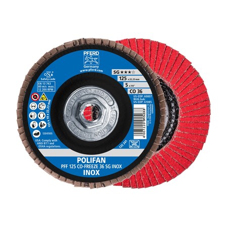 5 X 5/8-11 Thd. POLIFAN Flap Disc - CO-FREEZE SG INOX, Ceramic Oxide, 36 Grit, Flat 10PK